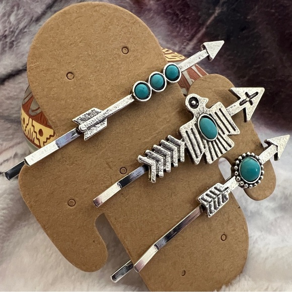 ❤️ Southwestern Navajo Faux Turquoise Hair Bobby Pins Set of 3 Cowgirl Western - Picture 7 of 7